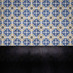 Image showing Wood table top and blur vintage ceramic tile pattern wall