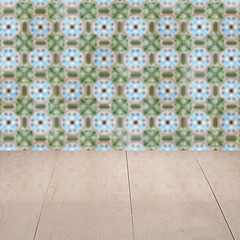 Image showing Wood table top and blur vintage ceramic tile pattern wall