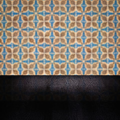 Image showing Wood table top and blur vintage ceramic tile pattern wall