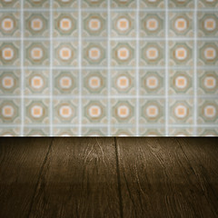 Image showing Wood table top and blur vintage ceramic tile pattern wall