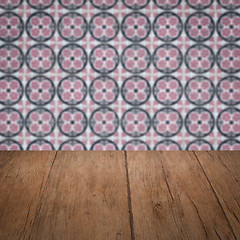 Image showing Wood table top and blur vintage ceramic tile pattern wall