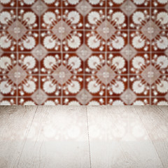 Image showing Wood table top and blur vintage ceramic tile pattern wall