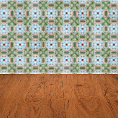 Image showing Wood table top and blur vintage ceramic tile pattern wall