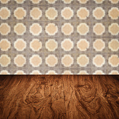 Image showing Wood table top and blur vintage ceramic tile pattern wall