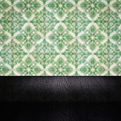 Image showing Wood table top and blur vintage ceramic tile pattern wall