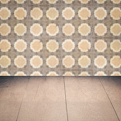 Image showing Wood table top and blur vintage ceramic tile pattern wall