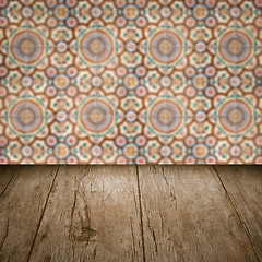 Image showing Wood table top and blur vintage ceramic tile pattern wall