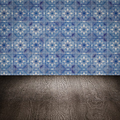 Image showing Wood table top and blur vintage ceramic tile pattern wall