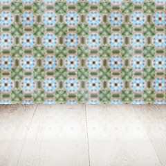 Image showing Wood table top and blur vintage ceramic tile pattern wall