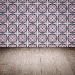 Image showing Wood table top and blur vintage ceramic tile pattern wall