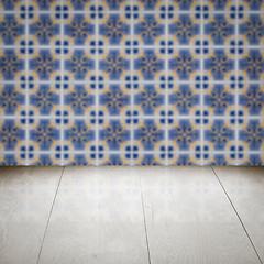 Image showing Wood table top and blur vintage ceramic tile pattern wall