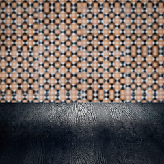 Image showing Wood table top and blur vintage ceramic tile pattern wall