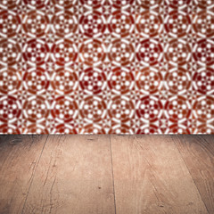 Image showing Wood table top and blur vintage ceramic tile pattern wall