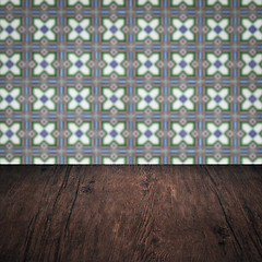 Image showing Wood table top and blur vintage ceramic tile pattern wall