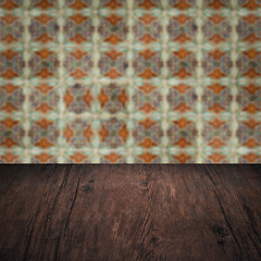 Image showing Wood table top and blur vintage ceramic tile pattern wall