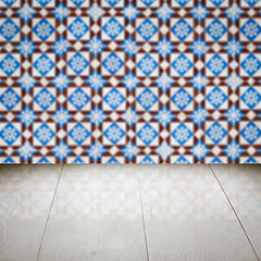 Image showing Wood table top and blur vintage ceramic tile pattern wall