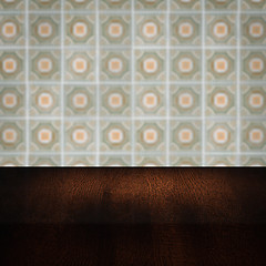 Image showing Wood table top and blur vintage ceramic tile pattern wall