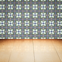 Image showing Wood table top and blur vintage ceramic tile pattern wall