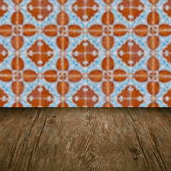 Image showing Wood table top and blur vintage ceramic tile pattern wall