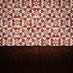 Image showing Wood table top and blur vintage ceramic tile pattern wall