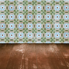 Image showing Wood table top and blur vintage ceramic tile pattern wall