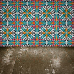 Image showing Wood table top and blur vintage ceramic tile pattern wall