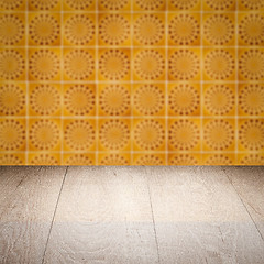 Image showing Wood table top and blur vintage ceramic tile pattern wall