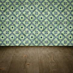 Image showing Wood table top and blur vintage ceramic tile pattern wall