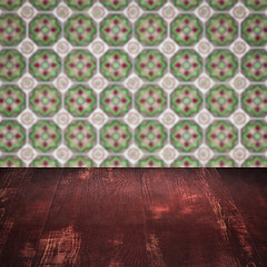 Image showing Wood table top and blur vintage ceramic tile pattern wall