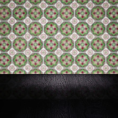 Image showing Wood table top and blur vintage ceramic tile pattern wall