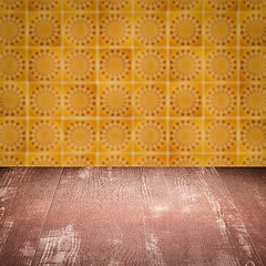 Image showing Wood table top and blur vintage ceramic tile pattern wall