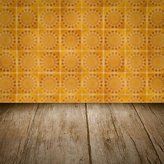 Image showing Wood table top and blur vintage ceramic tile pattern wall