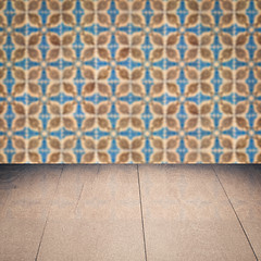 Image showing Wood table top and blur vintage ceramic tile pattern wall