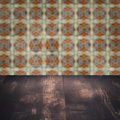 Image showing Wood table top and blur vintage ceramic tile pattern wall