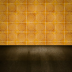 Image showing Wood table top and blur vintage ceramic tile pattern wall