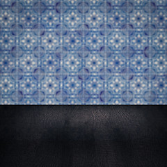 Image showing Wood table top and blur vintage ceramic tile pattern wall