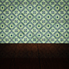 Image showing Wood table top and blur vintage ceramic tile pattern wall