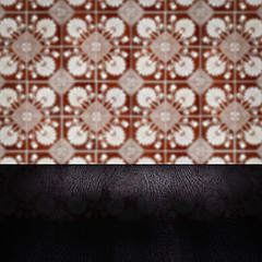 Image showing Wood table top and blur vintage ceramic tile pattern wall