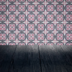 Image showing Wood table top and blur vintage ceramic tile pattern wall