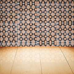 Image showing Wood table top and blur vintage ceramic tile pattern wall