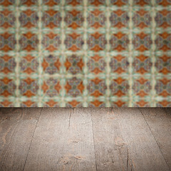 Image showing Wood table top and blur vintage ceramic tile pattern wall