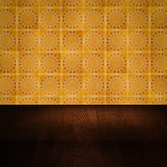 Image showing Wood table top and blur vintage ceramic tile pattern wall