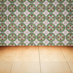 Image showing Wood table top and blur vintage ceramic tile pattern wall