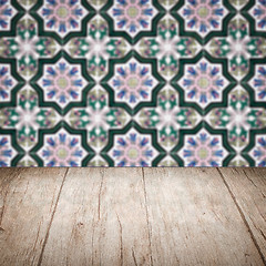 Image showing Wood table top and blur vintage ceramic tile pattern wall