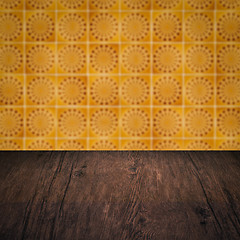 Image showing Wood table top and blur vintage ceramic tile pattern wall