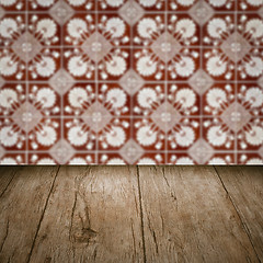 Image showing Wood table top and blur vintage ceramic tile pattern wall