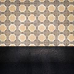 Image showing Wood table top and blur vintage ceramic tile pattern wall