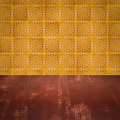 Image showing Wood table top and blur vintage ceramic tile pattern wall