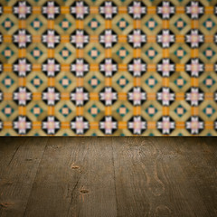 Image showing Wood table top and blur vintage ceramic tile pattern wall