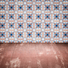 Image showing Wood table top and blur vintage ceramic tile pattern wall